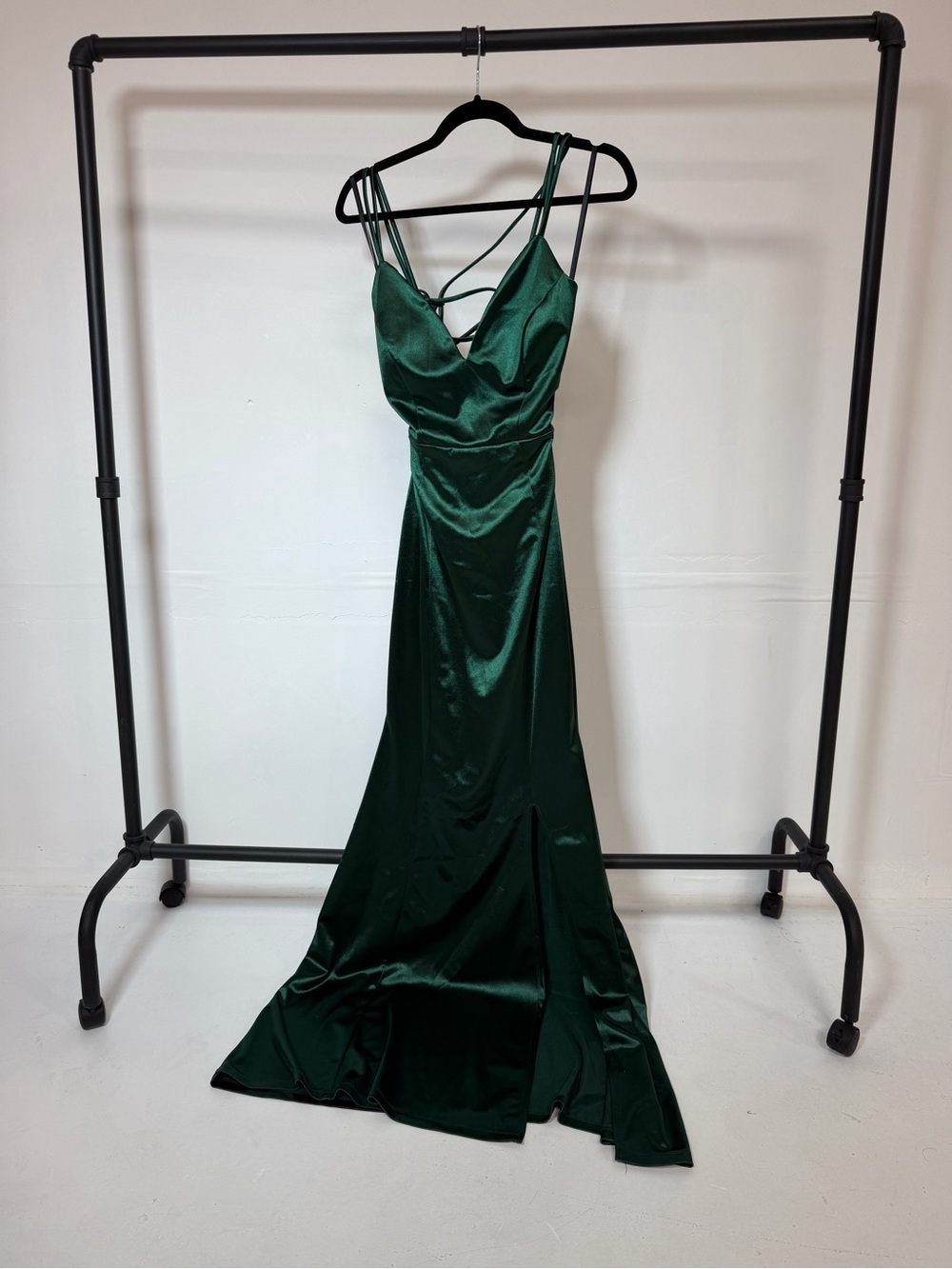 Emerald Satin Strappy Lace Up Formal Dress NWT